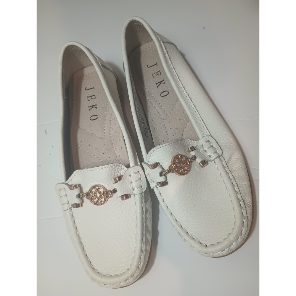 Womens JEKO White Leather Driving Moccasins Size 7 Gold Bit Detail Slip On Shoes